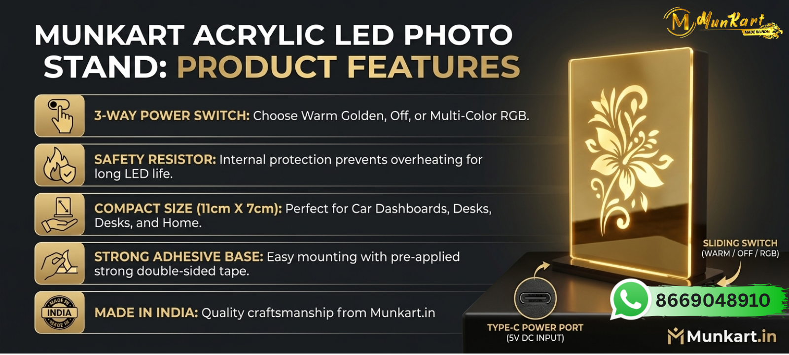Munkart LED Golden Miror Frame In Multicolor